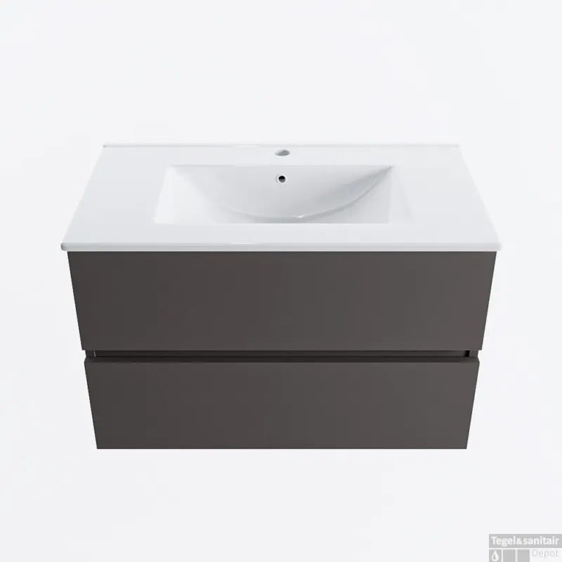 Gereduceerde Prijs MONDIAZ VICA 80cm badmeubel onderkast Dark Grey 2 lades. Wastafel DENIA midden 1 kraangat, kleur Glanzend Wit.