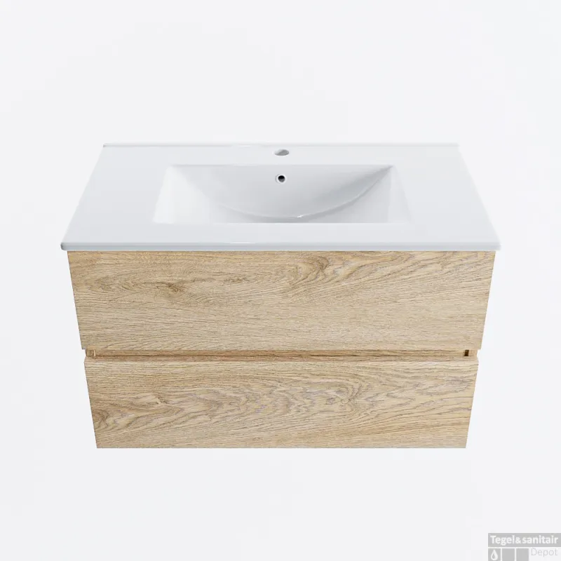 Shop Nu MONDIAZ VICA 80cm badmeubel onderkast Washed Oak 2 lades. Wastafel DENIA midden 1 kraangat, kleur Glanzend Wit.