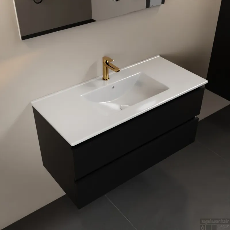 MONDIAZ AIVY 100cm badmeubel Urban, wastafel glanzend wit keramiek midden 1 kraangat met spiegel (M60102 - AI-M100URMI - AI-S100X70) Gereduceerde Prijs