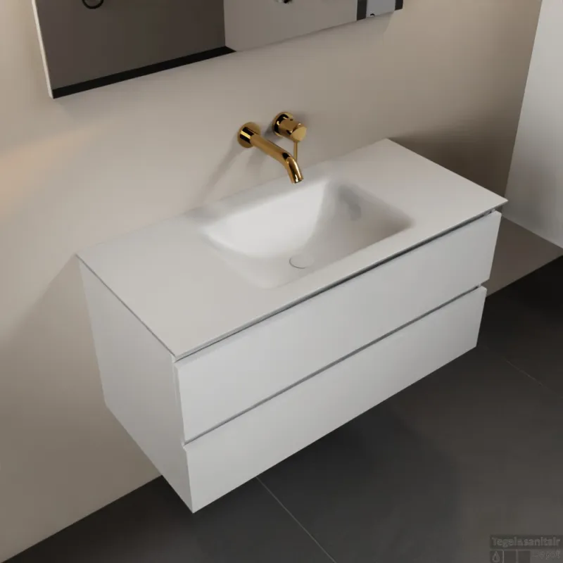 MONDIAZ AIVY 100cm badmeubel Talc, wastafel Talc solid surface midden zonder kraangat met spiegel (AI-351321TALC-NO - AI-M100TAMI - AI-S100X70) Voordeelprijs
