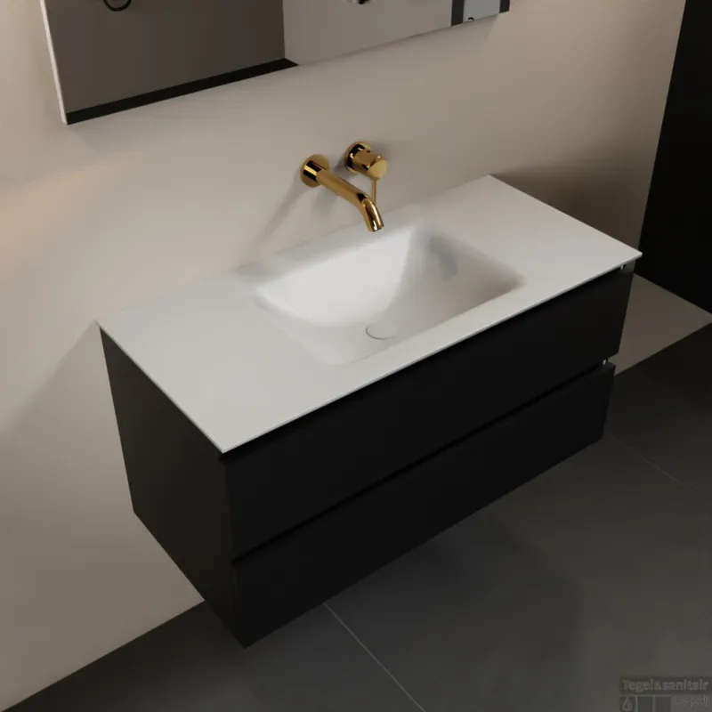Gratis Retour MONDIAZ AIVY 100cm badmeubel Urban, wastafel Talc solid surface midden zonder kraangat met spiegel (AI-351321TALC-NO - AI-M100URMI - AI-S100X70)