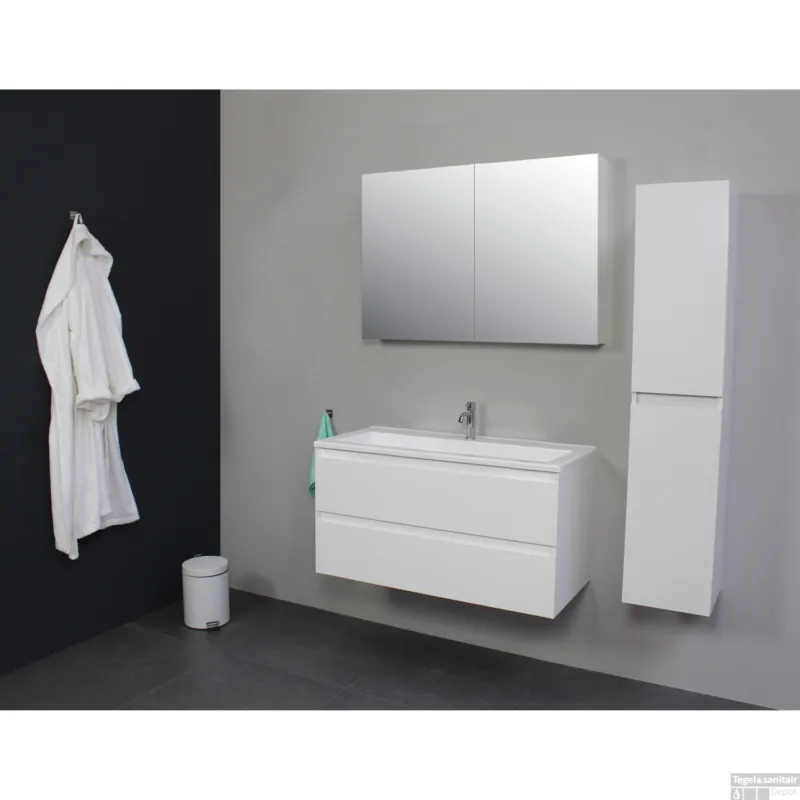 Gratis Retour Badkamermeubel BWS Pepper Wastafel Acryl Incl Spiegelkast 2 Deurs Met 1 Krg 100x55x46 cm Wit