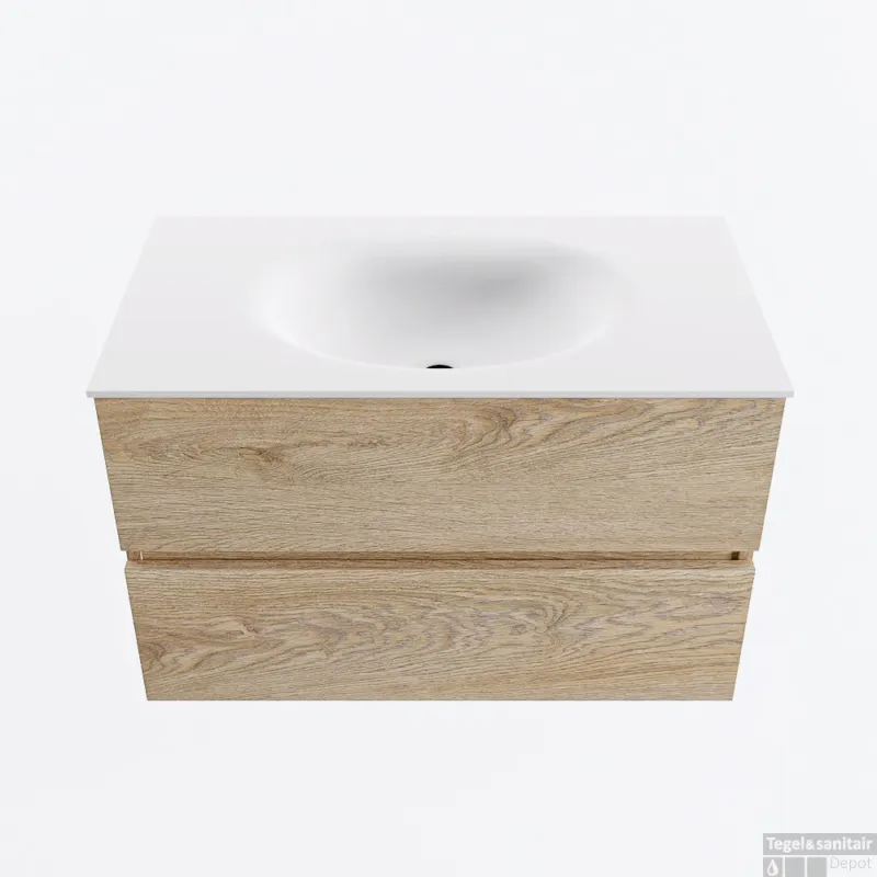 Beperkt Aanbod MONDIAZ VICA 80cm badmeubel onderkast Washed Oak 2 lades. Wastafel MOON midden zonder kraangat, kleur Talc.
