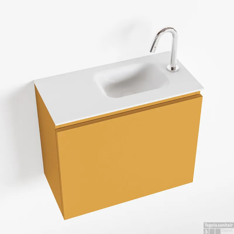 Gecertificeerd MONDIAZ OLAN 60cm toiletmeubel ocher. LEX wastafel talc rechts 1 kraangat