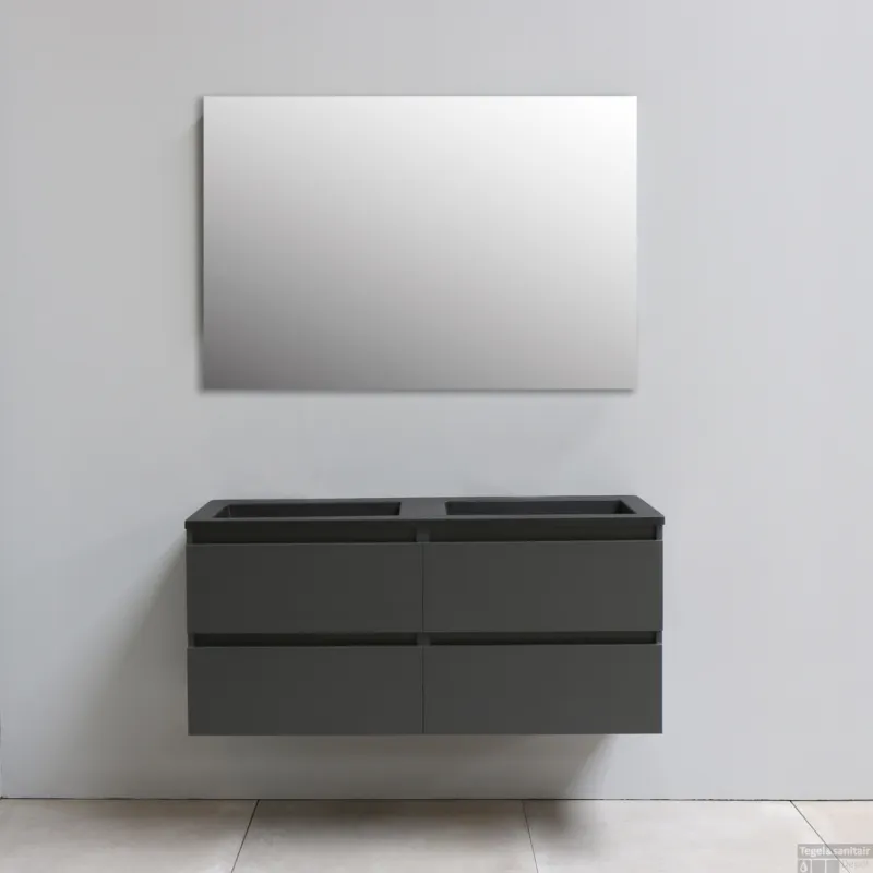 Exclusieve Aanbieding Badkamermeubel BWS Pepper Acryl Wastafel Mat Zwart Incl Spiegel Zonder Kraangat 120x55x46 cm Antraciet