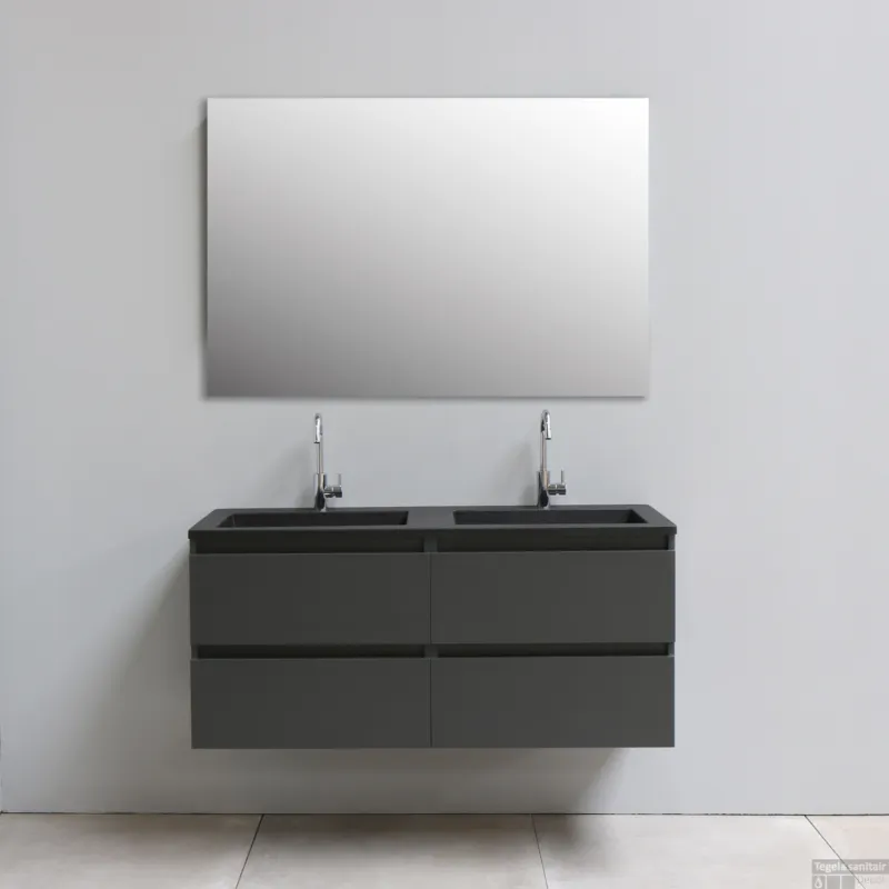 Badkamermeubel BWS Pepper Acryl Wastafel Mat Zwart Incl Spiegel met 2 Kraangaten 120x55x46 cm Antraciet Weekendaanbieding
