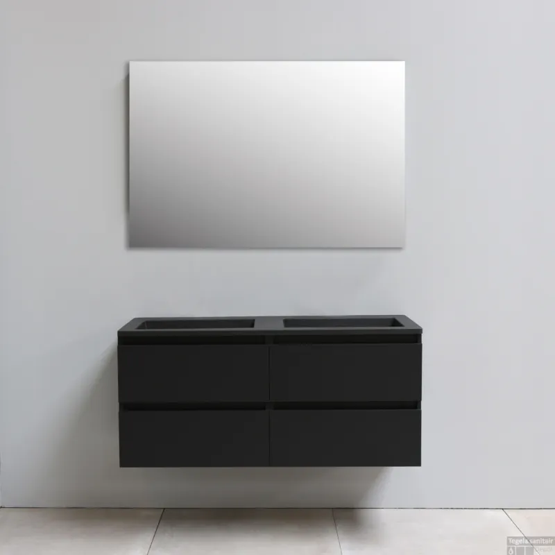 Express Levering Badkamermeubel BWS Pepper Acryl Wastafel Mat Zwart Incl Spiegel Zonder Kraangat 120x55x46 cm Mat Zwart