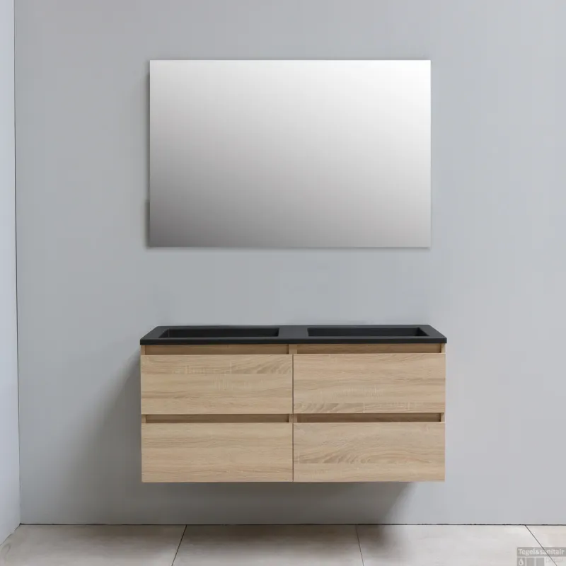 Direct Verzonden Badkamermeubel BWS Pepper Acryl Wastafel Mat Zwart Incl Spiegel Zonder Kraangat 120x55x46 cm Eiken