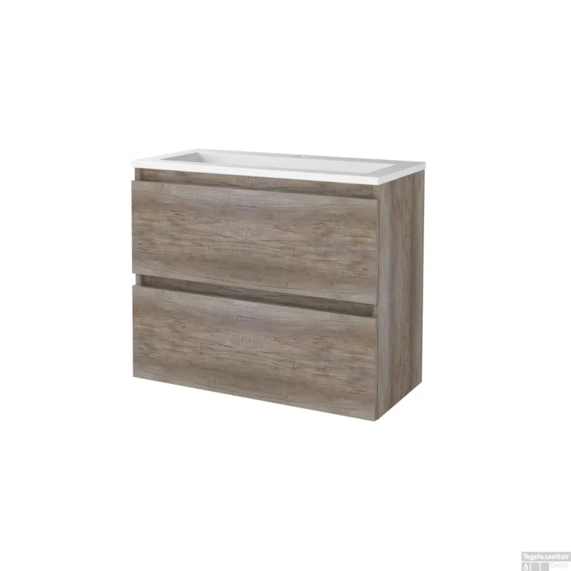 Nu Kopen Badmeubelset BWS Salt 80x39cm Greeploos 2 Lades Met Wastafel Acryl 1 Kraangat Scotch Oak