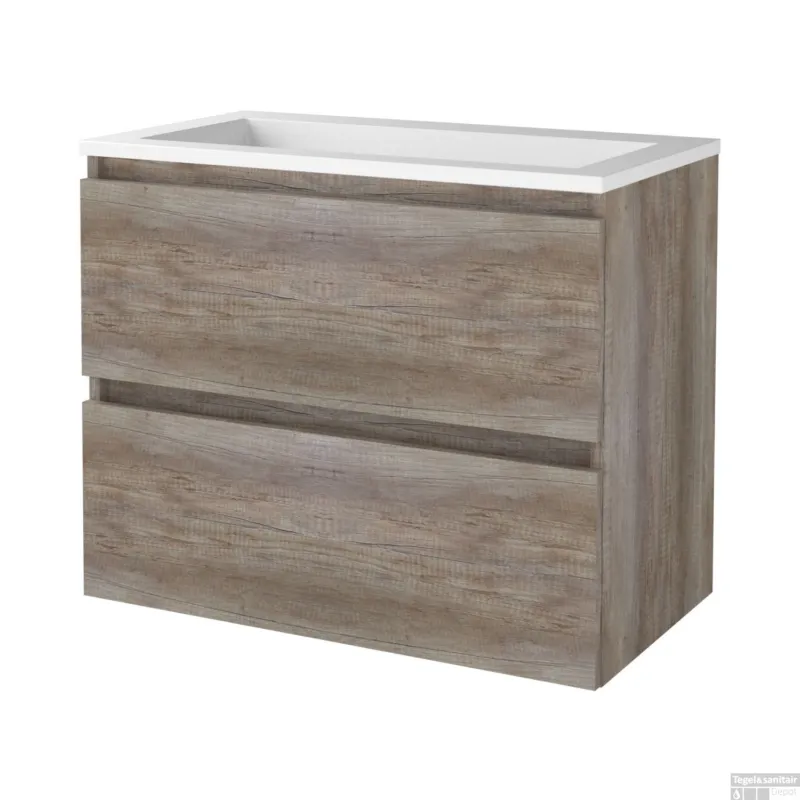 Lage Prijs Badmeubelset BWS Salt 80x46cm Greeploos 2 Lades Met Wastafel Acryl Scotch Oak