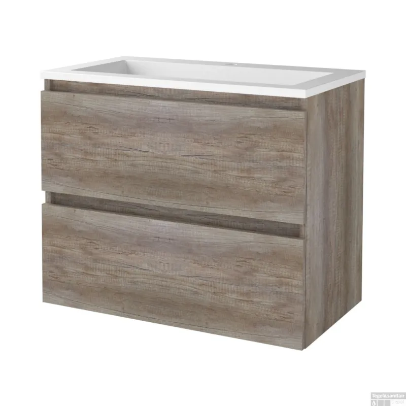 Beperkte Voorraad Badmeubelset BWS Salt 80x46cm Greeploos 2 Lades Met Wastafel Acryl 1 Kraangat Scotch Oak
