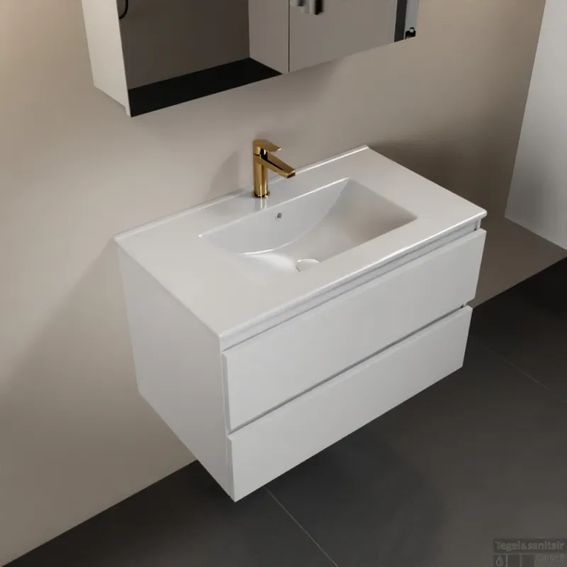 Hoge Kwaliteit MONDIAZ AIVY 80cm badmeubel Talc, wastafel glanzend wit keramiek midden 1 kraangat met spiegelkast (M60101 - AI-M80TAMI - AI-C80TAMI)