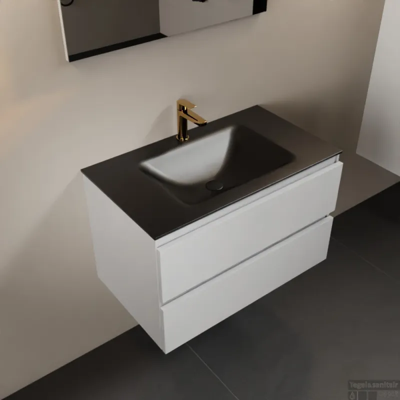 Merkproduct MONDIAZ AIVY 80cm badmeubel Talc, wastafel Urban solid surface midden 1 kraangat (AI-351171URBAN-SI - AI-M80TAMI)