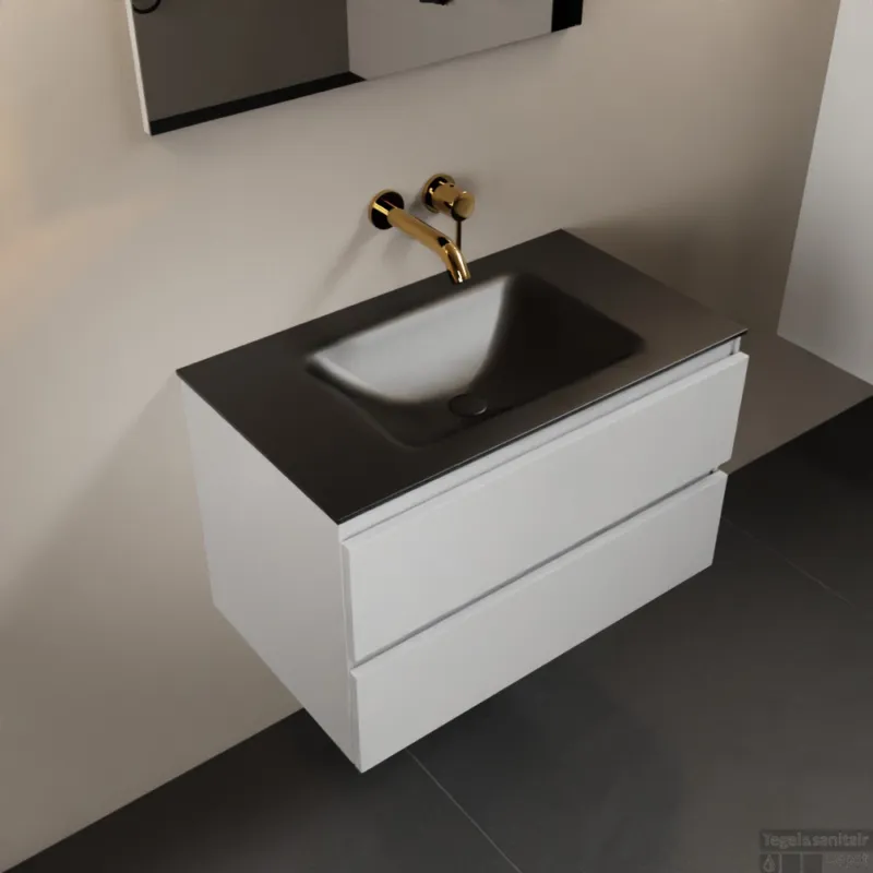 Goedkoop MONDIAZ AIVY 80cm badmeubel Talc, wastafel Urban solid surface midden zonder kraangat (AI-351171URBAN-NO - AI-M80TAMI)