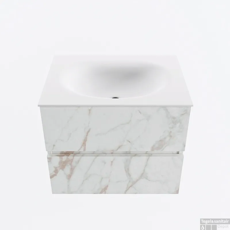 Exclusieve Aanbieding MONDIAZ VICA 60cm badmeubel onderkast Carrara 2 lades. Wastafel MOON midden 1 kraangat, kleur Talc.