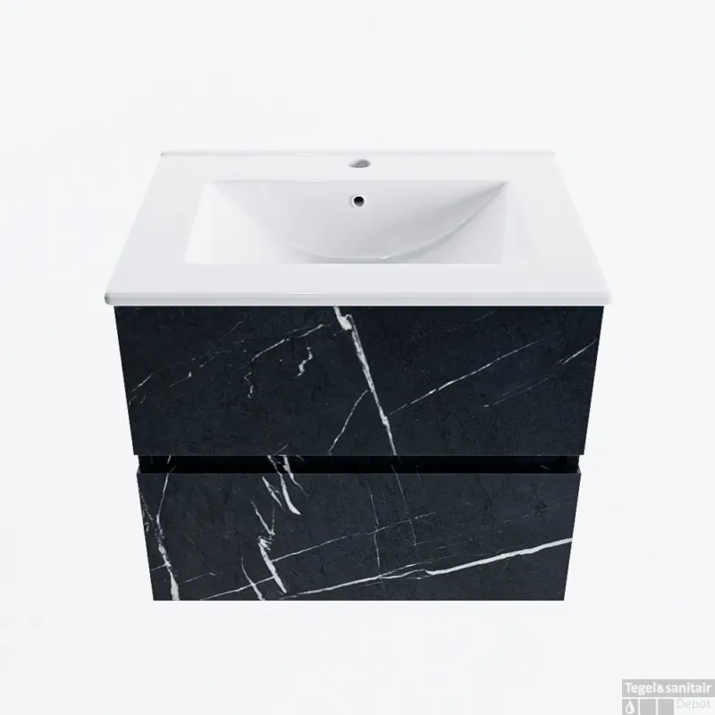 Premium MONDIAZ VICA 60cm badmeubel onderkast Marquina 2 lades. Wastafel DENIA midden 1 kraangat, kleur Glanzend Wit.