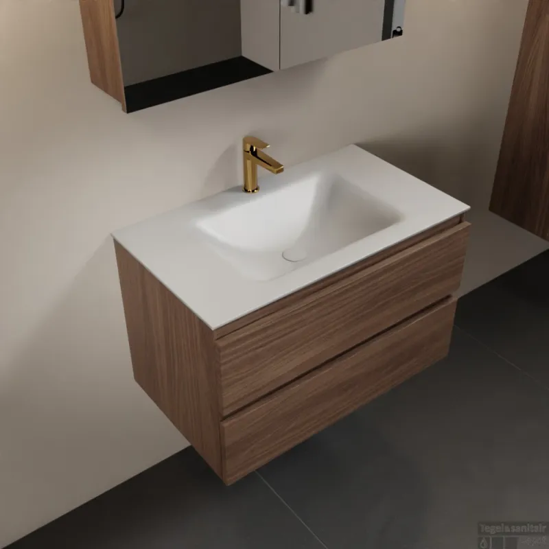 MONDIAZ AIVY 80cm badmeubel Mocha, wastafel Talc solid surface midden 1 kraangat met spiegelkast (AI-351171TALC-SI - AI-M80MOMI - AI-C80MOMI) Gratis Retour