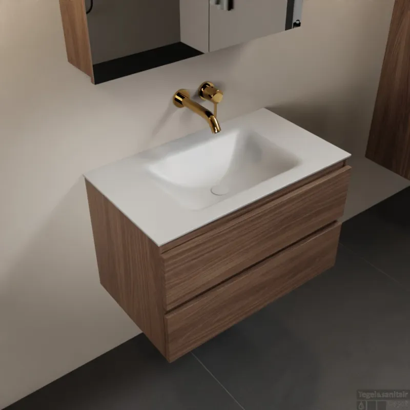 Gecertificeerd MONDIAZ AIVY 80cm badmeubel Mocha, wastafel Talc solid surface midden zonder kraangat met spiegelkast (AI-351171TALC-NO - AI-M80MOMI - AI-C80MOMI)