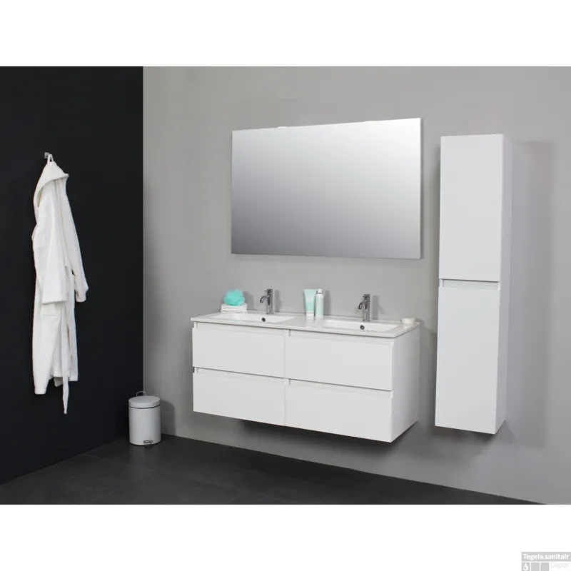 Badkamermeubel BWS Pepper Wastafel Porselein Twee Kraangaten Incl Spiegel 120x55x46 cm Wit Favoriet