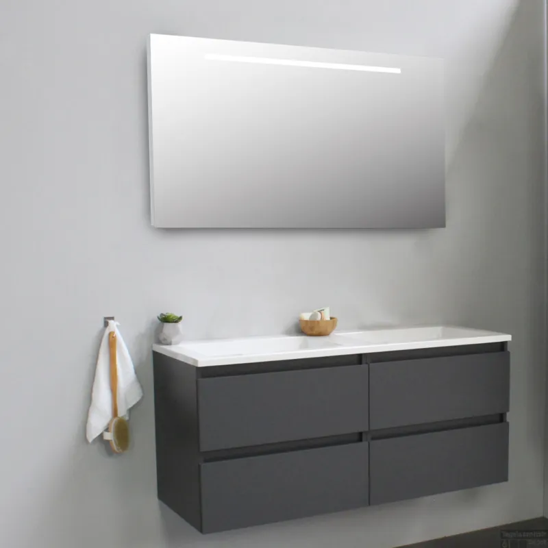 Snelle Levering Badkamermeubel BWS Pepper Acryl Wastafel Incl Spiegel Met LED Verlichting Zonder Kraangat 120x55x46 cm Antraciet