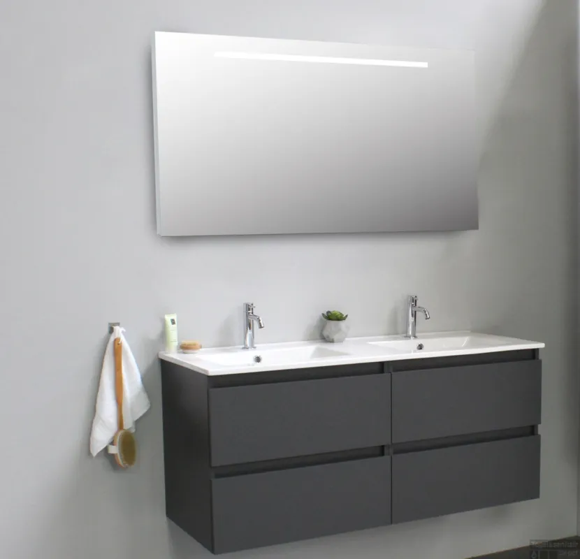 Op = Op Badkamermeubel BWS Pepper Wastafel Porselein Twee Kraangaten Incl Spiegel Met LED Verlichting 120x55x46 cm Antraciet