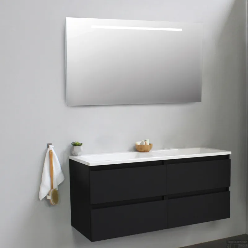 Nieuw Badkamermeubel BWS Pepper Acryl Wastafel Incl Spiegel Met LED Verlichting Zonder Kraangat 120x55x46 cm Mat Zwart
