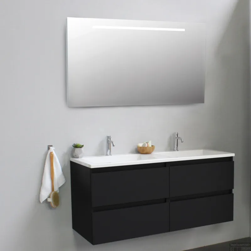 Premium Badkamermeubel BWS Pepper Acryl Wastafel Incl Spiegel Met LED Verlichting Met 2 Kraangaten 120x55x46 cm Mat Zwart
