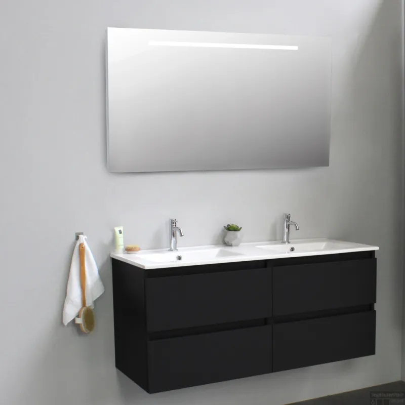 Koopje Badkamermeubel BWS Pepper Wastafel Porselein Twee Kraangaten Incl Spiegel Met LED Verlichting 120x55x46 cm Mat Zwart