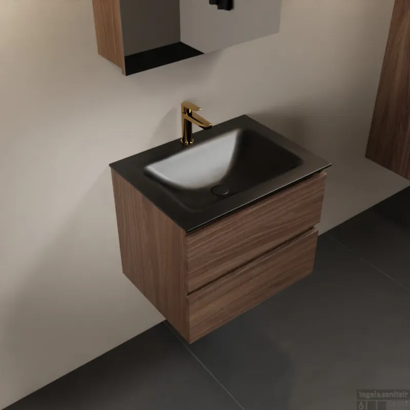 MONDIAZ AIVY 60cm badmeubel Mocha, wastafel Urban solid surface midden 1 kraangat met spiegelkast (AI-351111URBAN-SI - AI-M60MOMI - AI-C60MOMI) Shop Nu