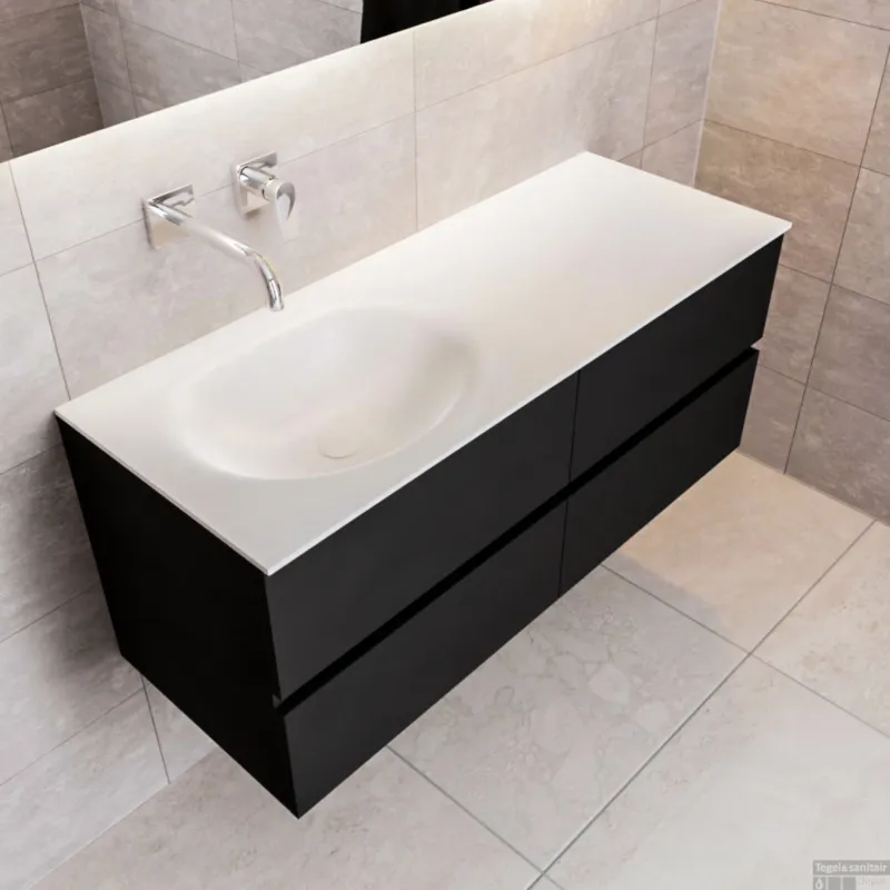 Badkamermeubel Solid Surface BWS Stockholm 120x45 cm Mat Zwart Urban Links (0 kraangaten, 4 lades) Populair