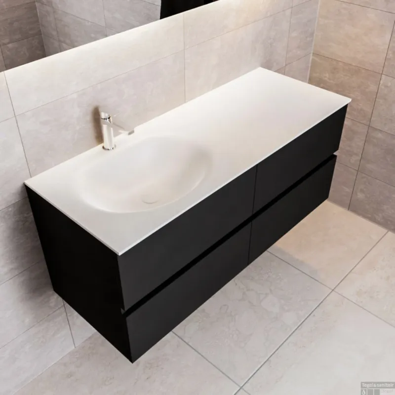 Badkamermeubel Solid Surface BWS Stockholm 120x45 cm Mat Zwart Urban Links (1 kraangat, 4 lades) Shop Nu