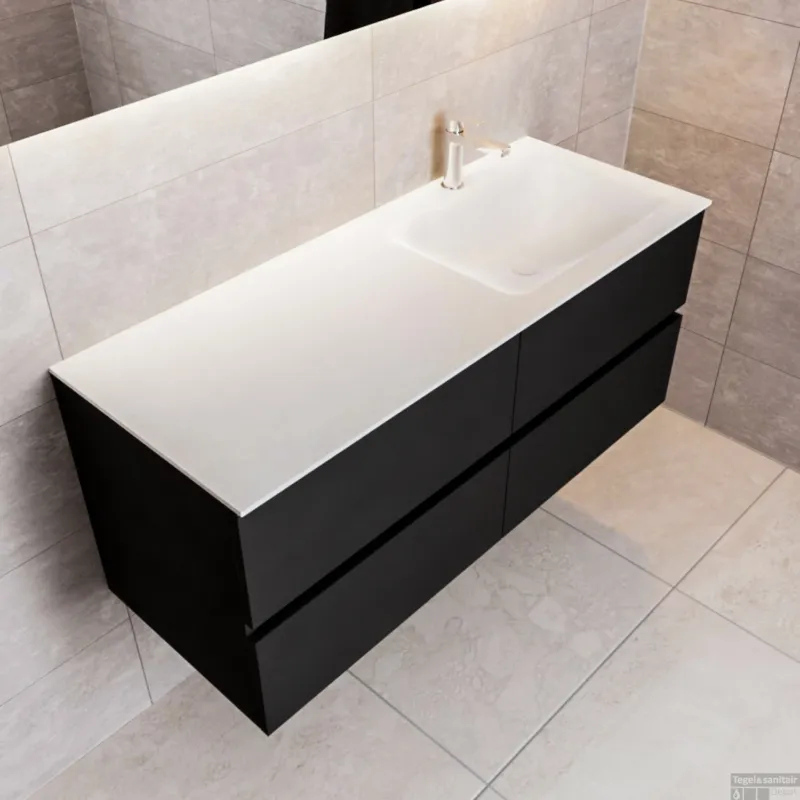 Lage Prijs Badkamermeubel Solid Surface BWS Oslo 120x45 cm Mat Zwart Urban Rechts (1 kraangat, 4 lades)