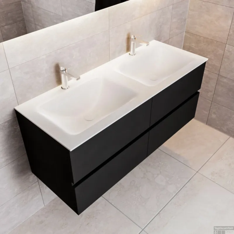 Badkamermeubel Solid Surface BWS Oslo 120x45 cm Mat Zwart Urban Dubbel (2 kraangaten, 4 lades) Gereduceerde Prijs