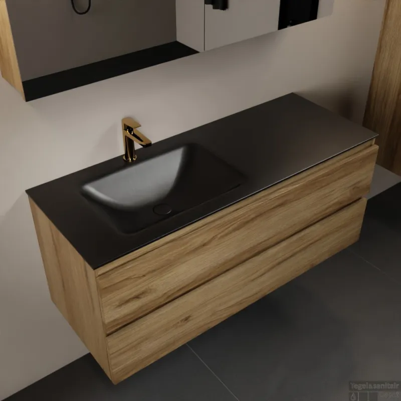 MONDIAZ AIVY 120cm badmeubel Chai, wastafel Urban solid surface links 1 kraangat met spiegelkast (AI-351631URBAN-SI - AI-M120CHLI - AI-C120CHMI) Nieuw