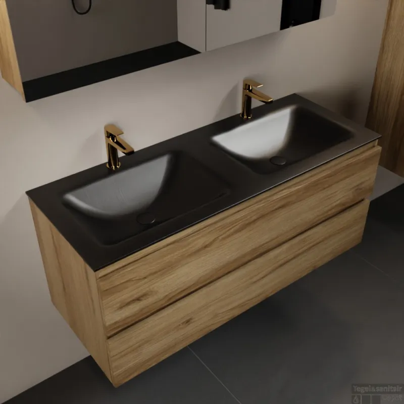 Koopje MONDIAZ AIVY 120cm badmeubel Chai, wastafel Urban solid surface dubbel 2 kraangaten met spiegelkast (AI-351651URBAN-SI - AI-M120CHDU - AI-C120CHMI)