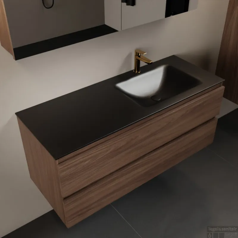 Nu Kopen MONDIAZ AIVY 120cm badmeubel Mocha, wastafel Urban solid surface rechts 1 kraangat met spiegelkast (AI-351641URBAN-SI - AI-M120MORE - AI-C120MOMI)