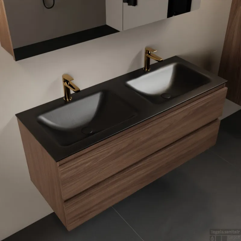 Direct Beschikbaar MONDIAZ AIVY 120cm badmeubel Mocha, wastafel Urban solid surface dubbel 2 kraangaten met spiegelkast (AI-351651URBAN-SI - AI-M120MODU - AI-C120MOMI)