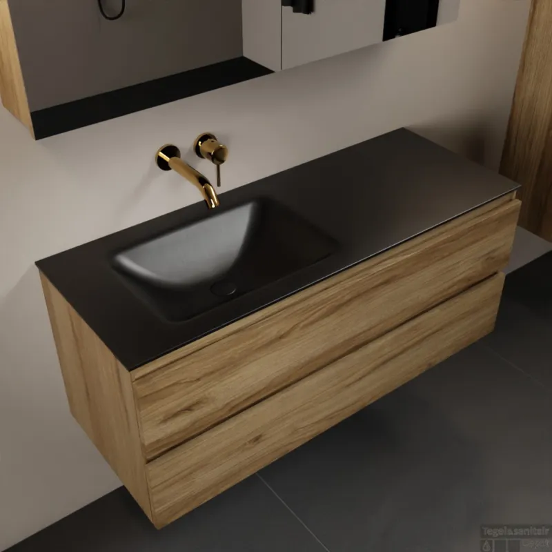 MONDIAZ AIVY 120cm badmeubel Chai, wastafel Urban solid surface links zonder kraangat met spiegelkast (AI-351631URBAN-NO - AI-M120CHLI - AI-C120CHMI) Nieuw