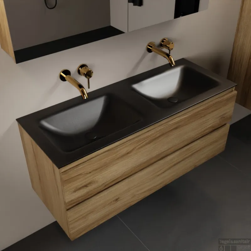 Lage Kosten MONDIAZ AIVY 120cm badmeubel Chai, wastafel Urban solid surface dubbel zonder kraangat met spiegelkast (AI-351651URBAN-NO - AI-M120CHDU - AI-C120CHMI)
