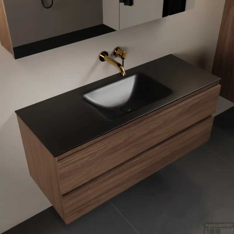 Beperkt Aanbod MONDIAZ AIVY 120cm badmeubel Mocha, wastafel Urban solid surface midden zonder kraangat met spiegelkast (AI-351621URBAN-NO - AI-M120MOMI - AI-C120MOMI)