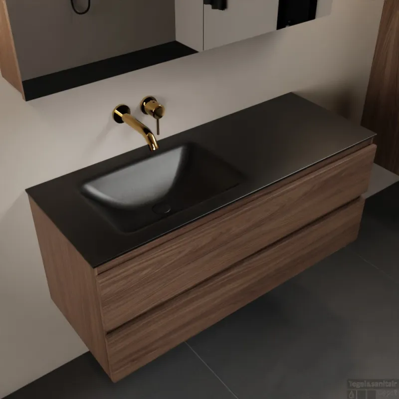 Premium MONDIAZ AIVY 120cm badmeubel Mocha, wastafel Urban solid surface links zonder kraangat met spiegelkast (AI-351631URBAN-NO - AI-M120MOLI - AI-C120MOMI)
