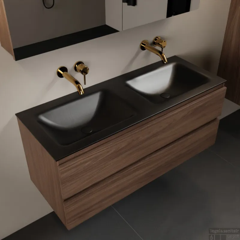 Weekendaanbieding MONDIAZ AIVY 120cm badmeubel Mocha, wastafel Urban solid surface dubbel zonder kraangat met spiegelkast (AI-351651URBAN-NO - AI-M120MODU - AI-C120MOMI)