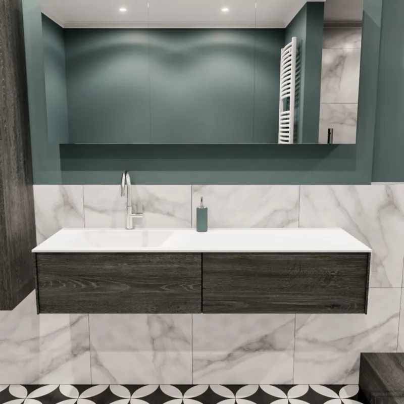 Beperkte Voorraad Badkamermeubel BWS Madrid Antraciet 150x45x30 cm Mat Witte Solid Surface Wastafel Links (2 lades, 1 kraangat)