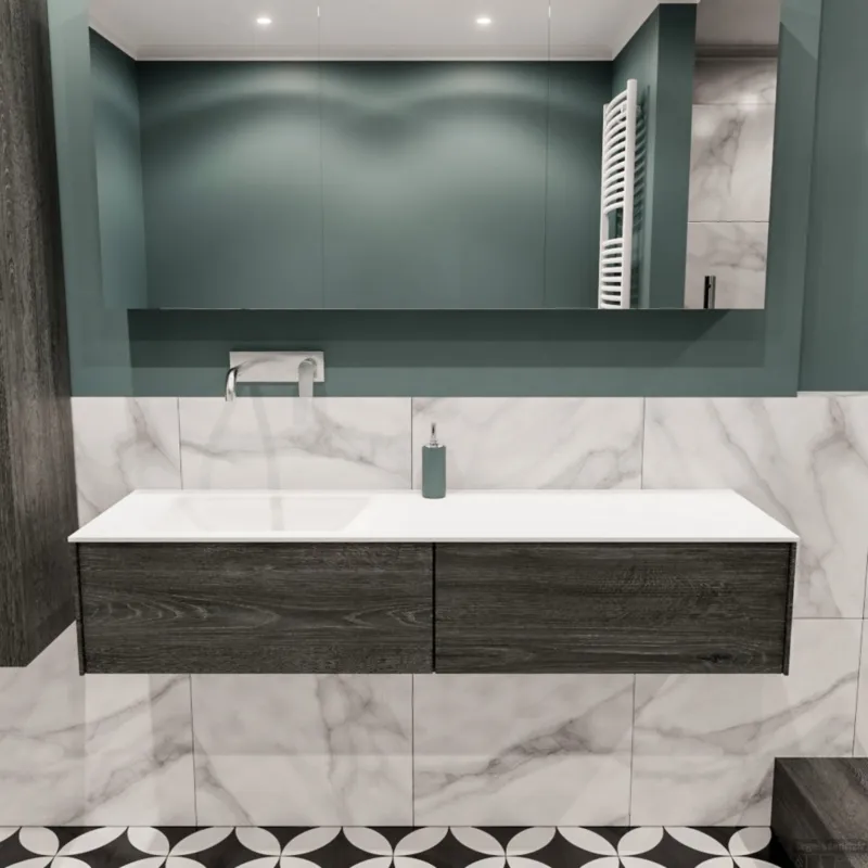 Merkproduct Badkamermeubel BWS Madrid Antraciet 150x45x30 cm Mat Witte Solid Surface Wastafel Links (2 lades, 0 kraangaten)