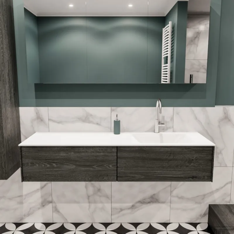 Beperkt Aanbod Badkamermeubel BWS Madrid Antraciet 150x45x30 cm Mat Witte Solid Surface Wastafel Rechts (2 lades, 1 kraangat)