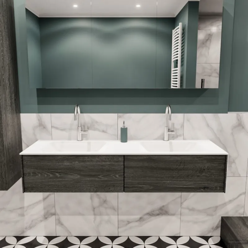 Betaalbaar Badkamermeubel BWS Madrid Antraciet 150x45x30 cm Mat Witte Solid Surface Wastafel Dubbel (2 lades, 2 kraangaten)