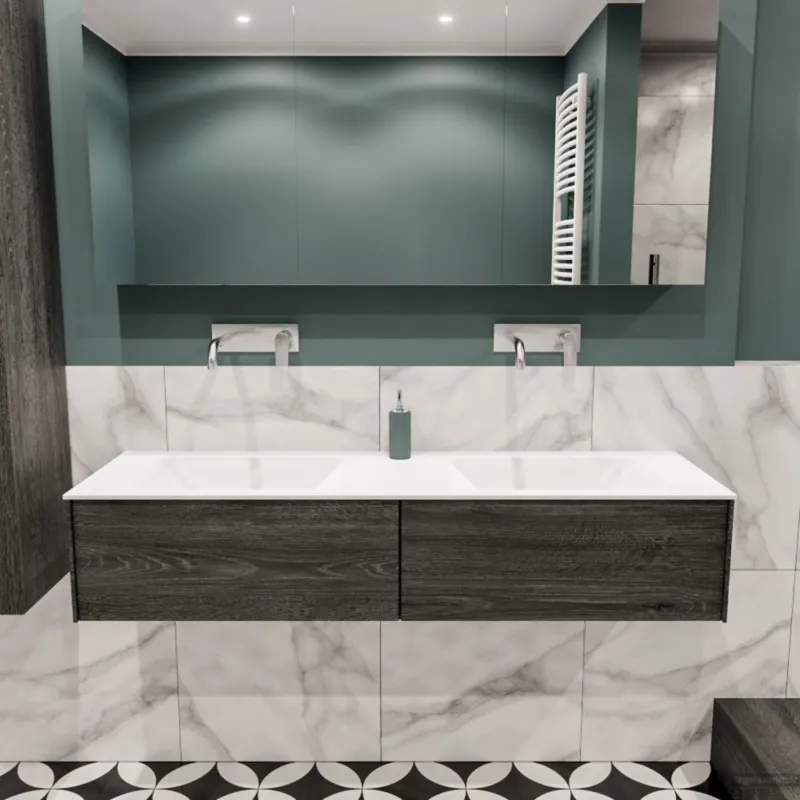 Badkamermeubel BWS Madrid Antraciet 150x45x30 cm Mat Witte Solid Surface Wastafel Dubbel (2 lades, 0 kraangaten) Veilige Betaling