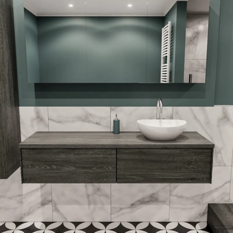 Merkproduct Badkamermeubel BWS Madrid Antraciet 150 cm met Topblad en Keramische Waskom Rechts (2 lades, 1 kraangat)