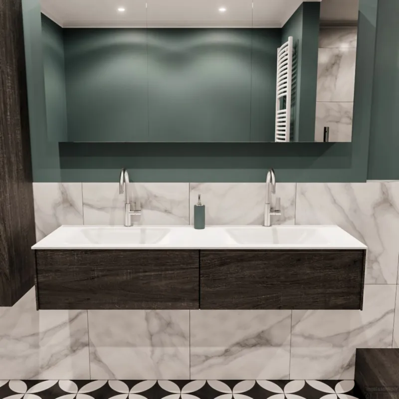 Badkamermeubel BWS Madrid Dark Brown 150x45x30 cm Mat Witte Solid Surface Wastafel Dubbel (2 lades, 2 kraangaten) Lage Prijs