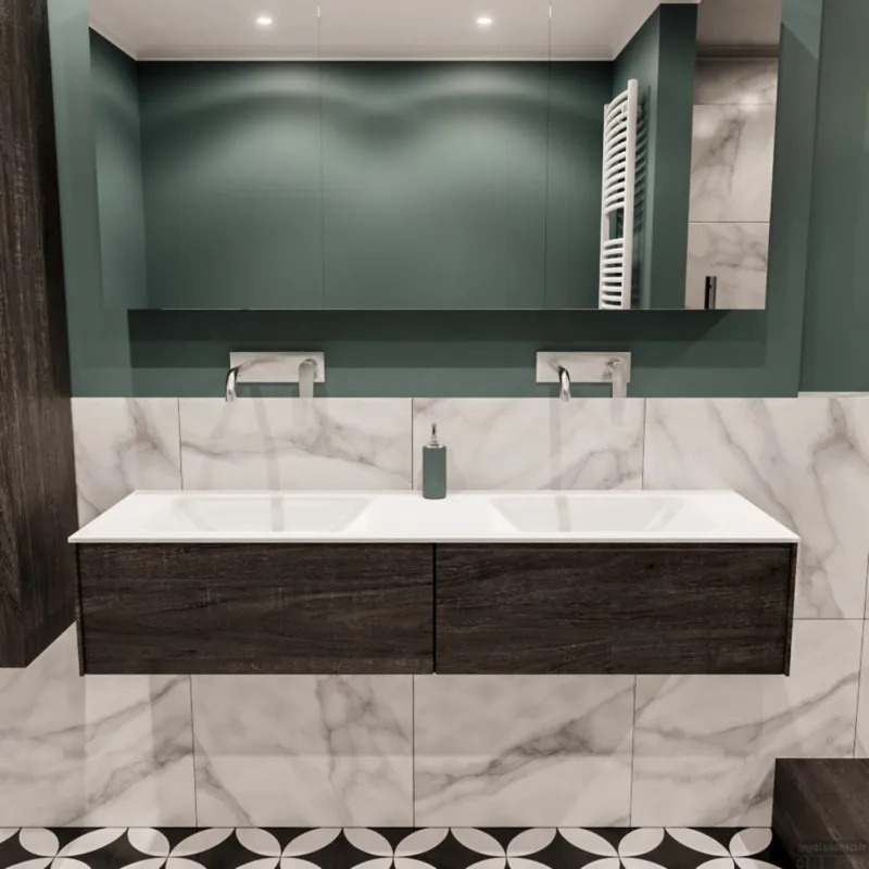 Badkamermeubel BWS Madrid Dark Brown 150x45x30 cm Mat Witte Solid Surface Wastafel Dubbel (2 lades, 0 kraangaten) Finale Uitverkoop